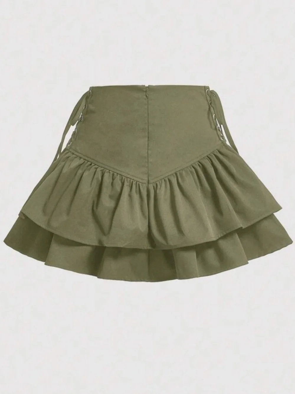 Olive Lace-Up Ruffle Mini Skirt - L - Picture 2 of 5